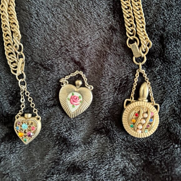 Antique Mini Perfume Bottles Jewelry Rhinestones, Rose Guilloche Enamel - Picture 8 of 12